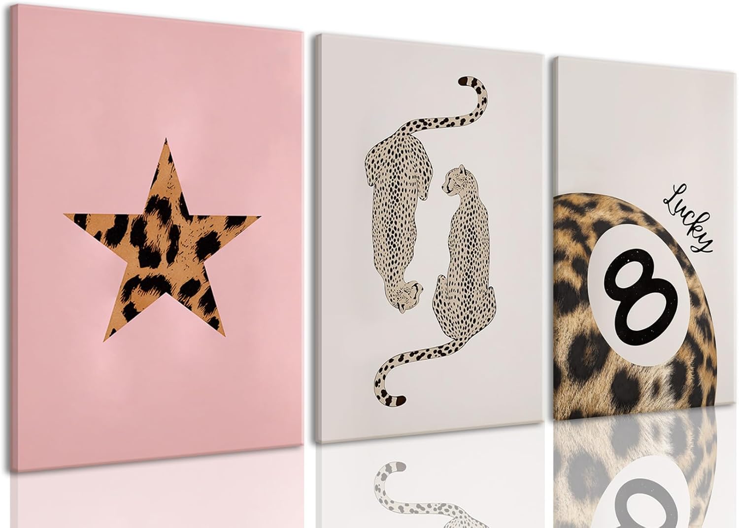 3Pcs Cheetah Wall Art Animal Leopard Canvas Prints Framed Funky Pink Pictures Lucky 8 Ball Posters Decor Paintings Aesthetic Y2k for Girly Bedroom Apartment Dorm Bathroom Living Room
