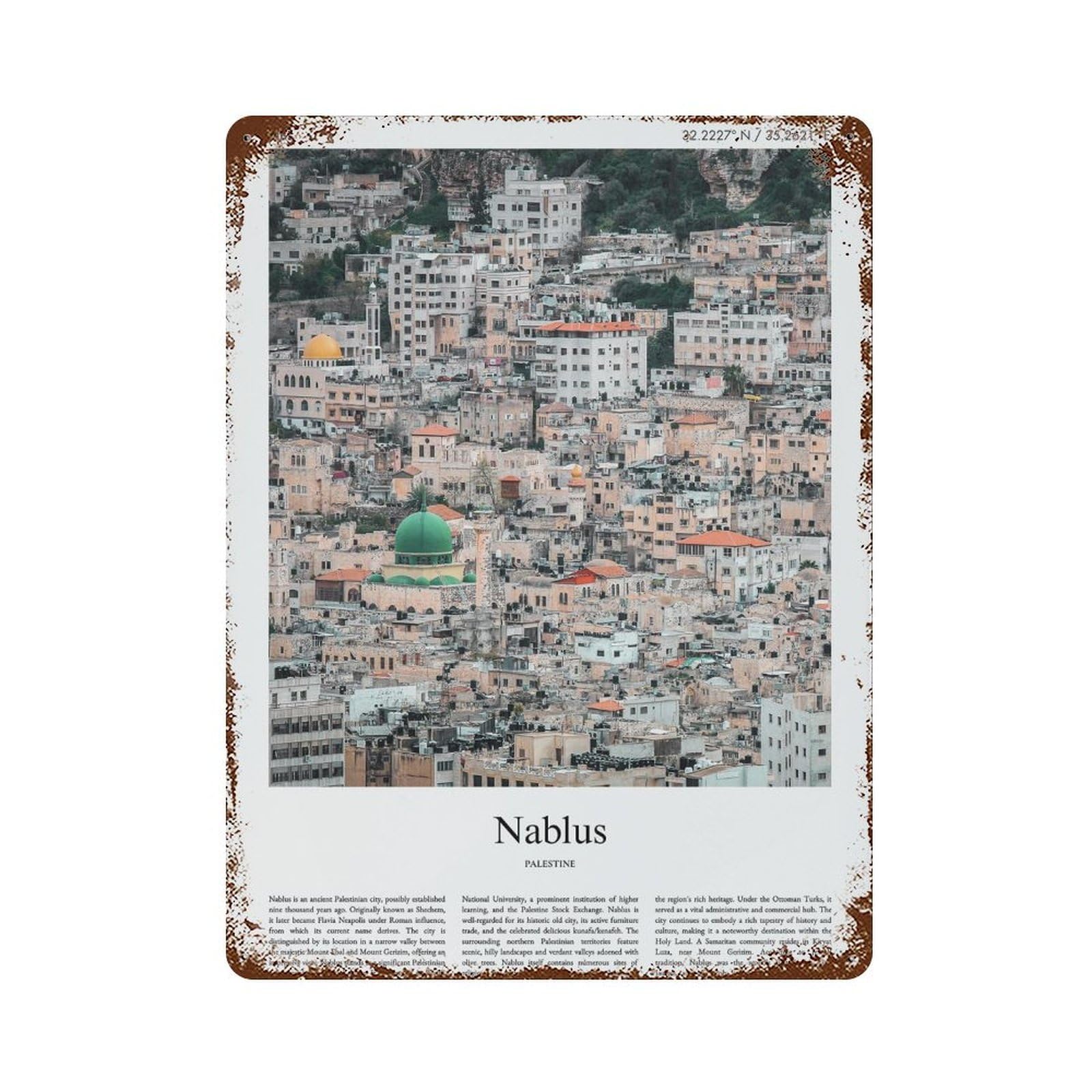 xiaoxiaoshen Nablus Palestine City Scenery Wall Decor Art Metal Tin Poster Modern Home Decor Art Home Bar Shop Decorations Vintage Sign 40x30cm