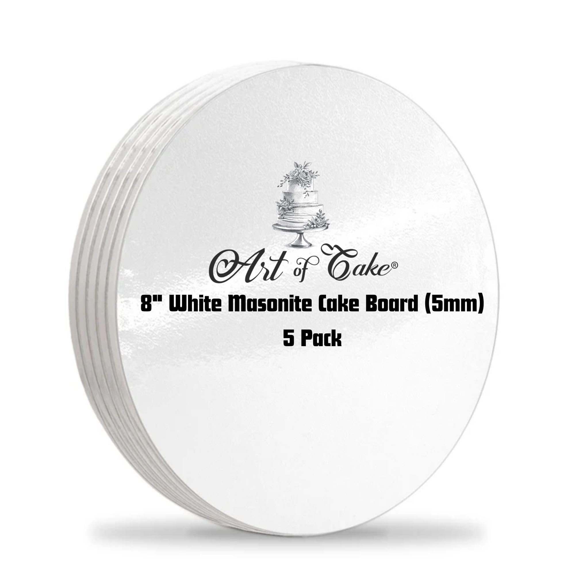 Art of Cake® Masonite Cake Board, Strong Round Cake Board, Cake Drum, 5mm Thick, Pack of 5, White, 8"