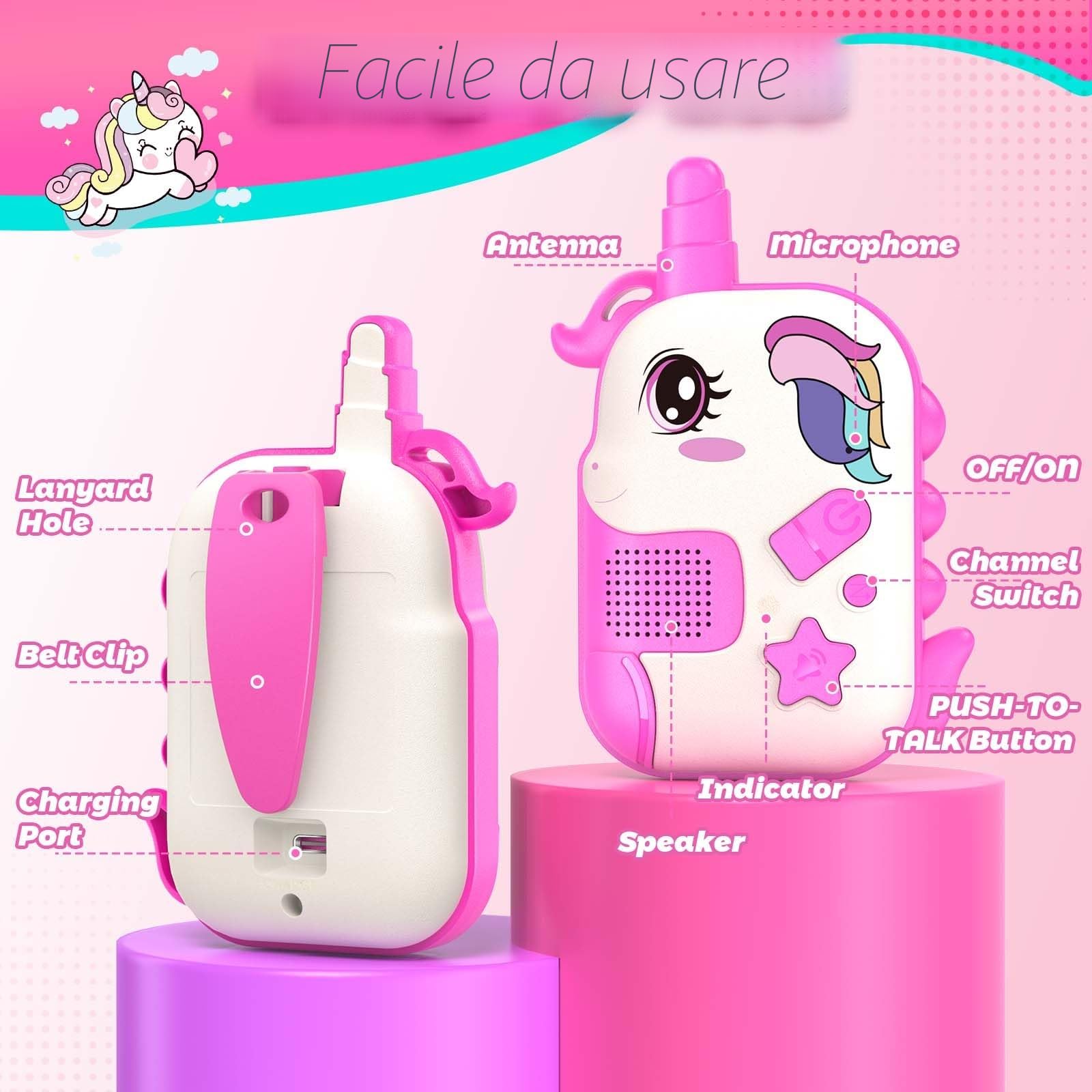Walkie-Talkie Bambini Ricaricabili, Giocattoli Bambina 3 4 5 6 7 8 Anni Unicorno Walkie Talkie Regalo Bimba 3-8 Anni Giochi Bambina 3-8 Anni Regalo Regali di Pasqua Compleanno per Ragazzi Ragazze