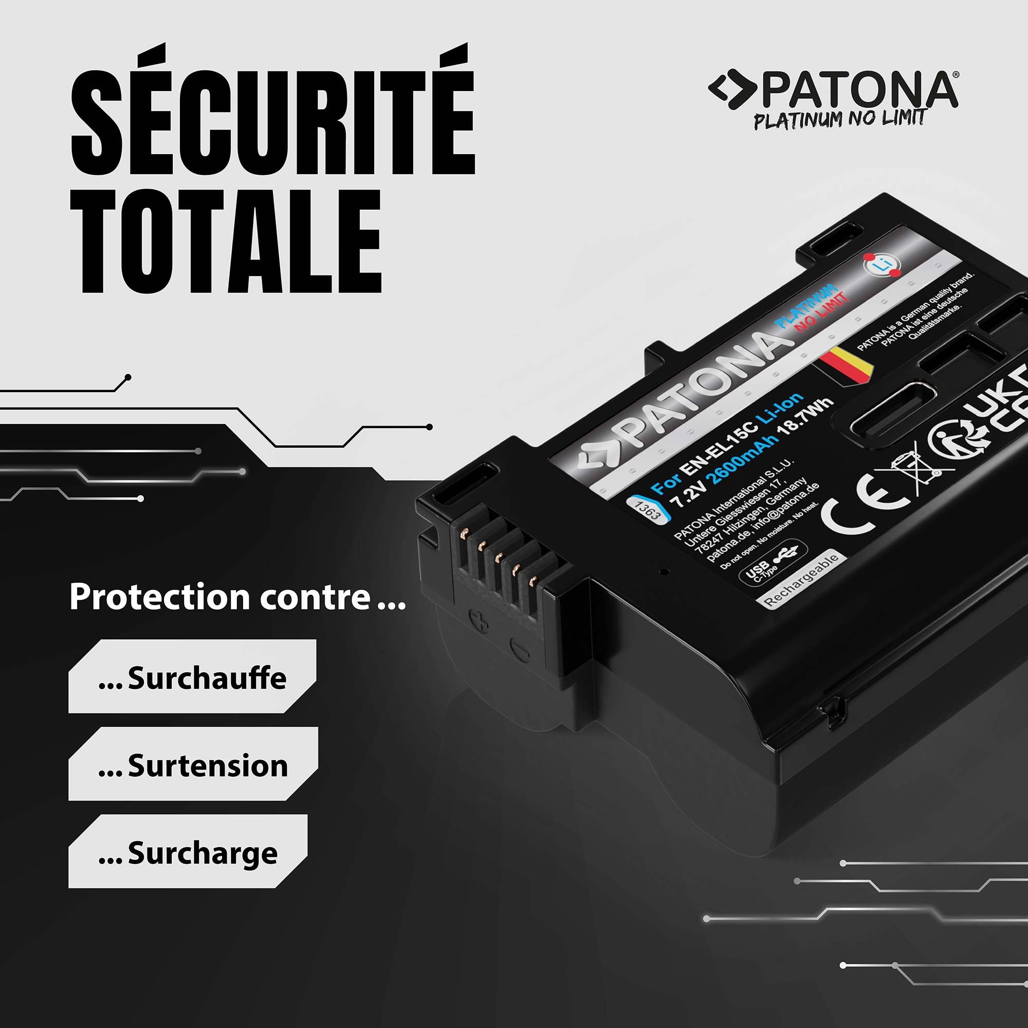 PATONA Platinum EN-EL15c Batterie 2600mAh USB-C pour Nikon Z8 Zf