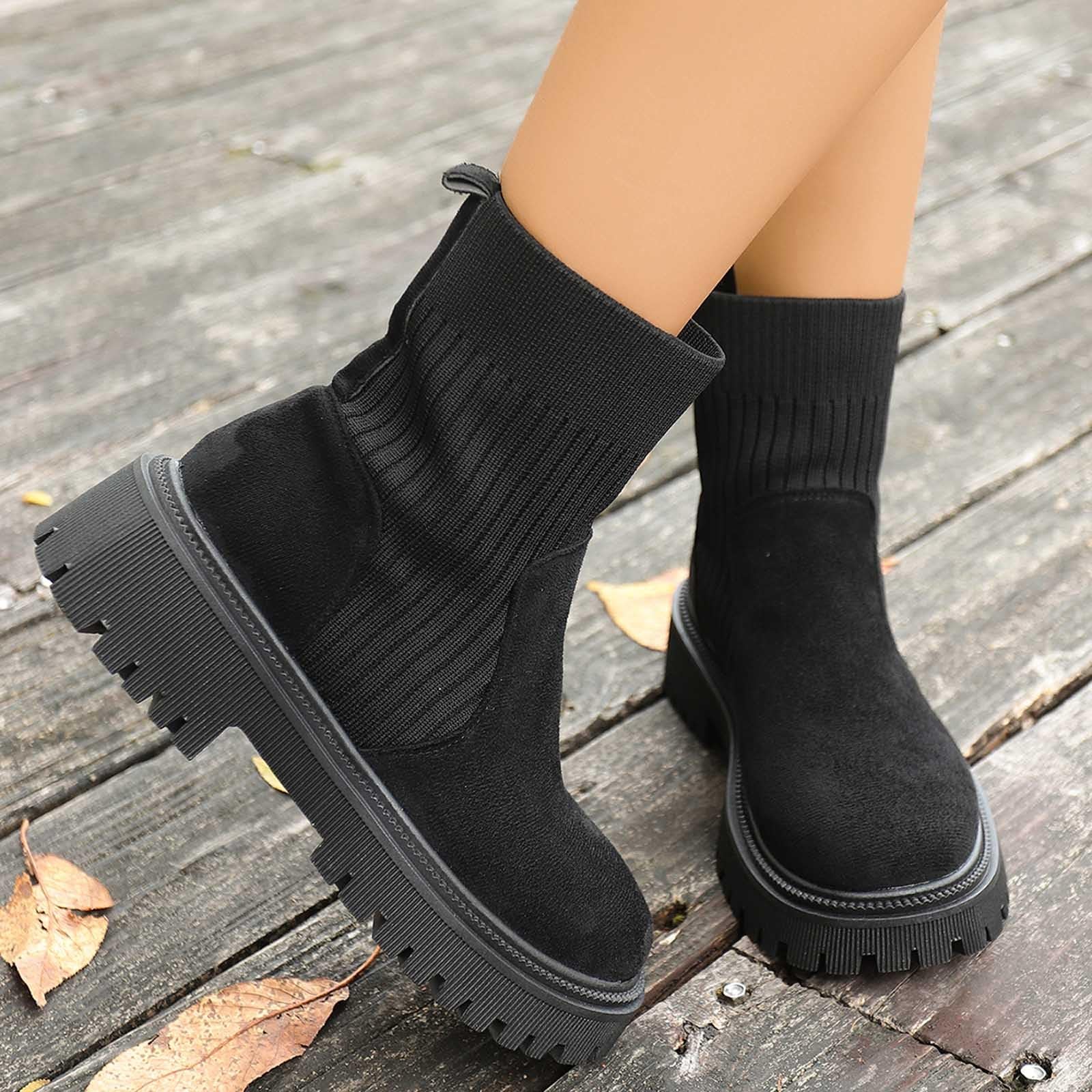 Bottines tendance pour femme - En daim - Couleur unie - Légèrement doublées avec talon bloc - Tige courte - En tricot