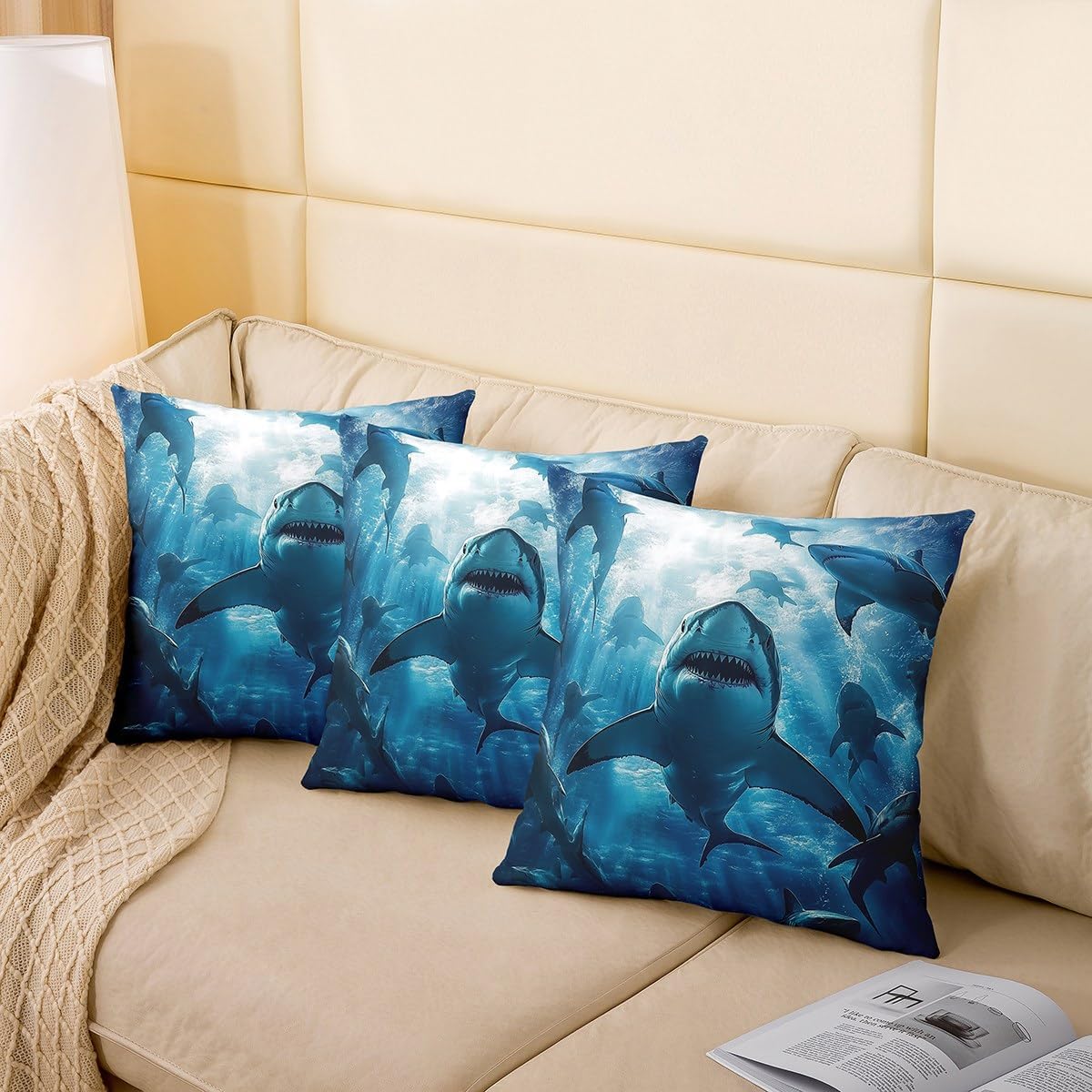 jejeloiu Shark Throw Pillow Covers 16 x 16-Inch Kids Ocean Sea Animal Square Cushion Covers Set of 4 Boys Girls Sea Underwater World Pillow Cases Marine Throw Pillowcases for Sofa Couch Aquatic Anima image 4
