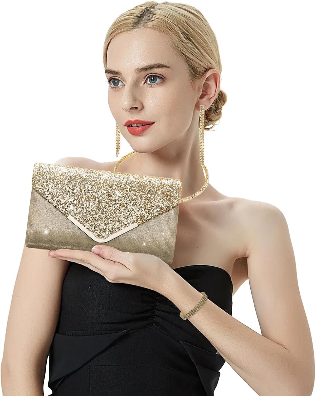 YYW 4 Pieces Women Evening Handbags Clutch Purse Bag with Rhinestone Crystal Jewelry Set for Wedding Party