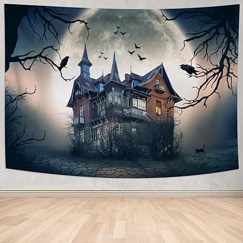Miniatura 3 de Tapiz de Halloween de terror para colgar en la pared, tapiz de casa cazada, murciélagos y cuervos en luna llena, tapiz de pared de castillo