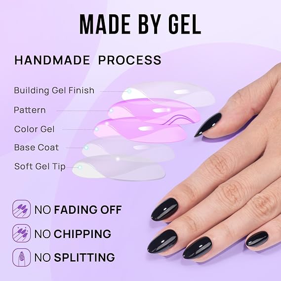 BTArtbox Press on Nails, Short Almond Black Fake Nails, 32Pcs Full Kit