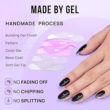 BTArtbox Press on Nails, Short Almond Black Fake Nails, 32Pcs Full Kit
