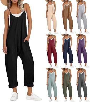 Jumpsuits for Women Summer Casual Sleeveless Rompers Beach Vacation Comfy V Neck Adjustable Strap Overalls Jumpers