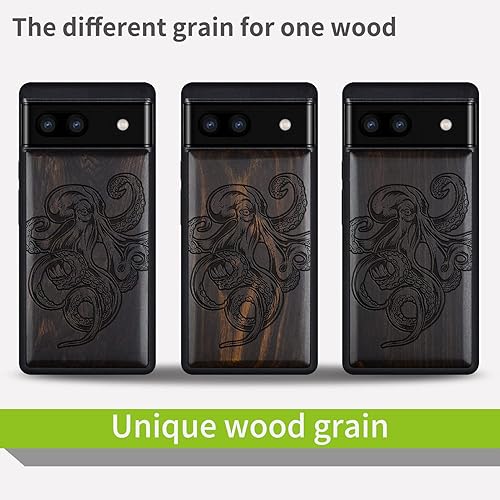 Miniatura 7 de Carveit Funda de madera para Pixel 6a 2022 madera natural y TPU suave negro a prueba de golpes, funda de madera única compatible con Google Pixel 6a