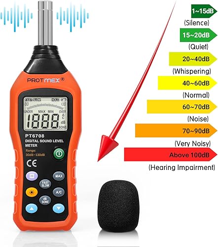 Miniatura 4 de Protmex Medidor de nivel de sonido PT622A, medición de lector de decibelios digital, rango de 30-130 dB con pantalla LCD grande, medidor de ruido de