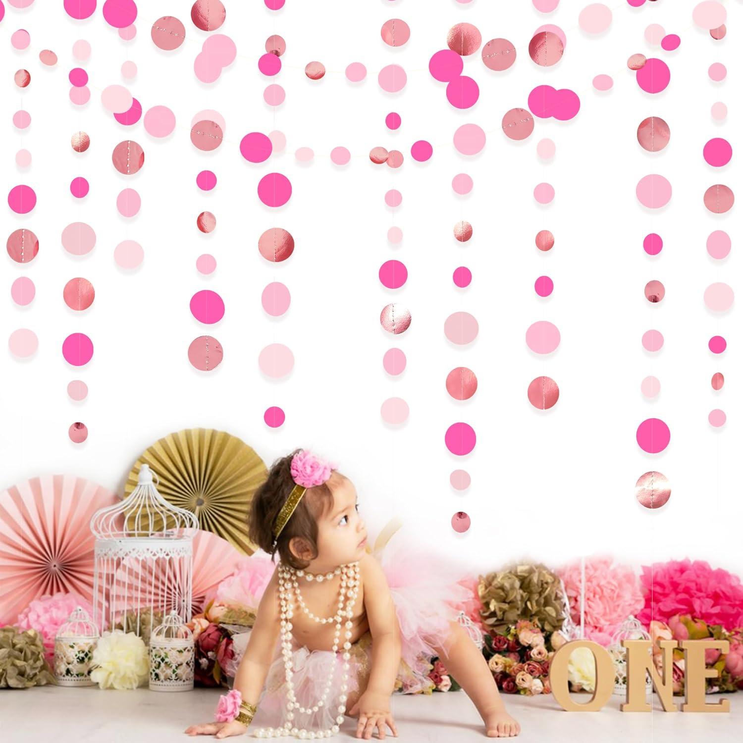 Hot Pink Rose Gold Party Decorations Circle Dots Garland Hanging Polka Dot Streamer for Girls Birthday Bachelorette Baby Shower Wedding Bridal Shower Anniversary Hen Party Supplies - Image 6