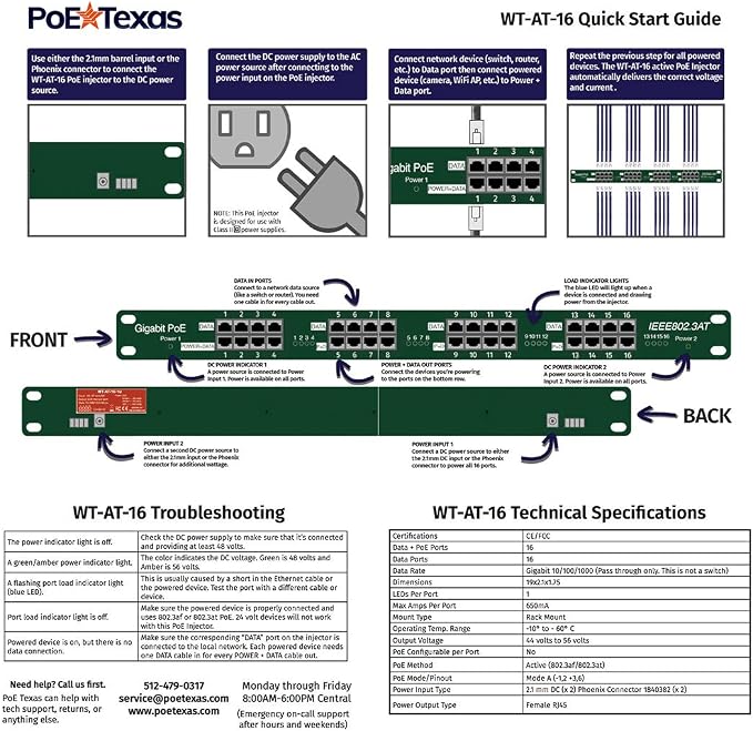 Inyector PoE Texas AT-16 de 16 puertos Gigabit con estándar IEEE 802.3at (PoE+) para cámaras IP, teléfonos IP y puntos de acceso WiFi (fuentes de alimentación vendidas por separado) miniatura 5