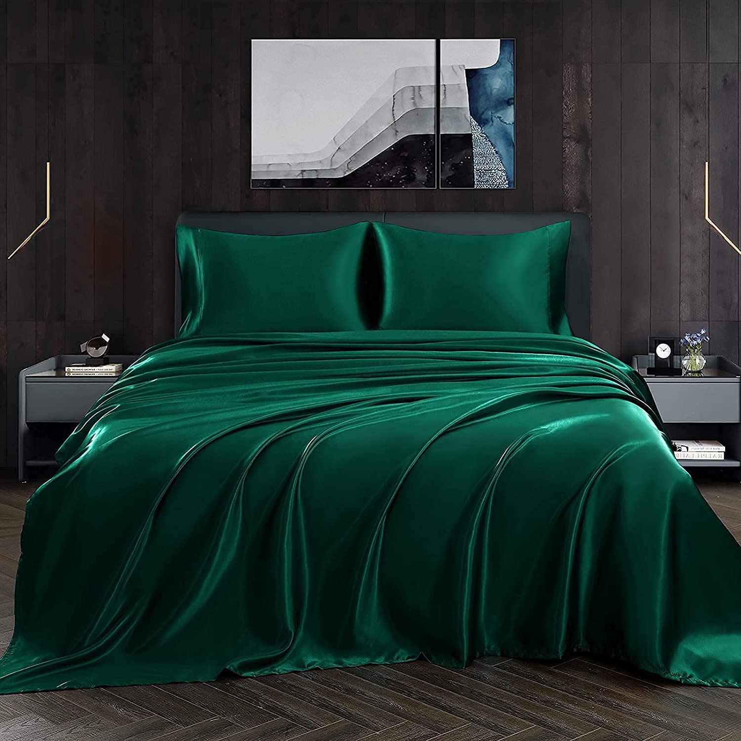 Homiest3pcs Satin Sheets Set Luxury Silky Satin Bedding Set with Deep Pocket, 1 Fitted Sheet + 1 Flat Sheet + 1 Pillowcase (Twin XL Size, Blackish Green)