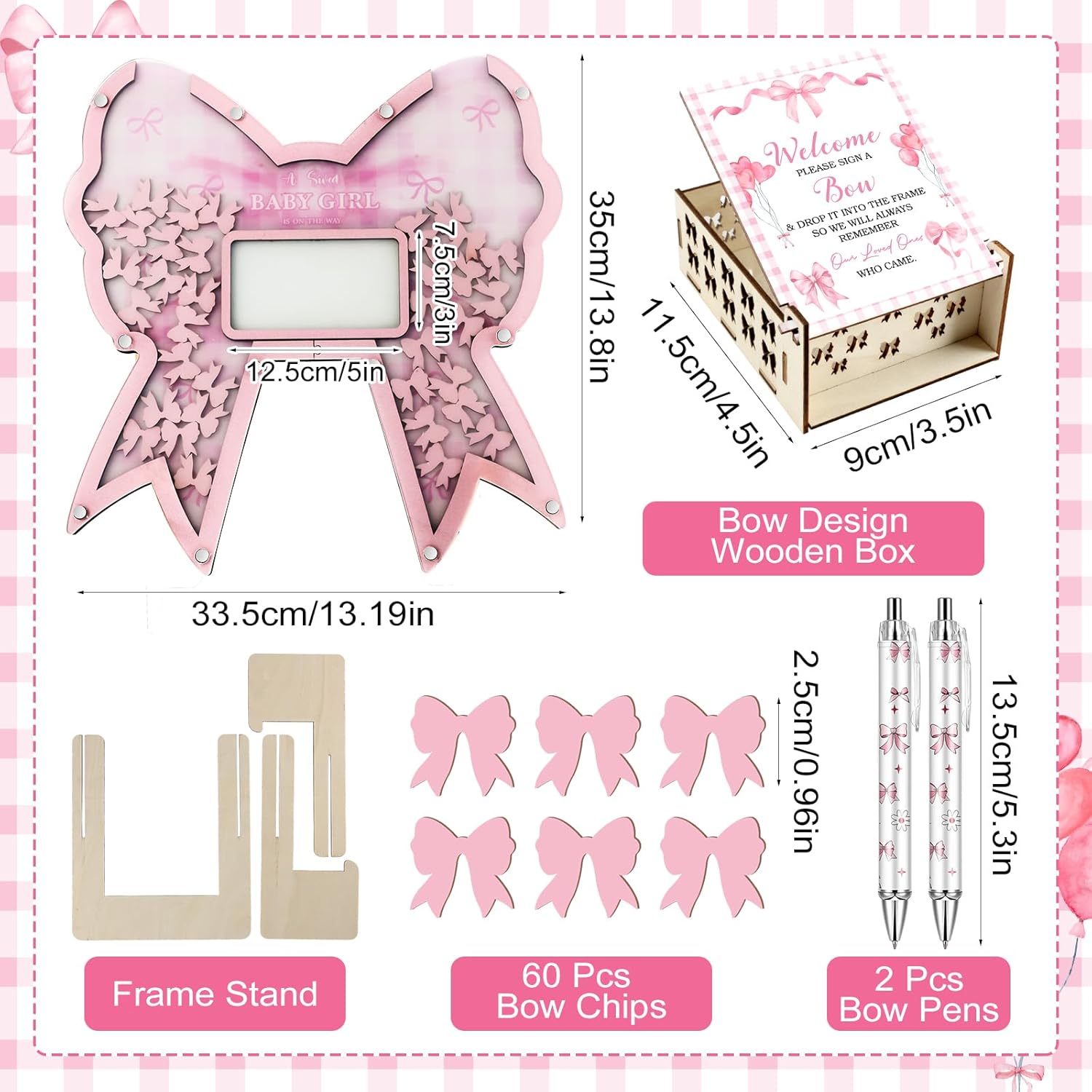 Pink Bow Baby Shower Guest Book Alternative Set, Wooden Photo Frame & Stand, 60 Wooden Bow Slices & Themed Box, 2 Pens Baby Shower Decorations for Guests to Sign Gender Reveal Girls Birthday Keepsake