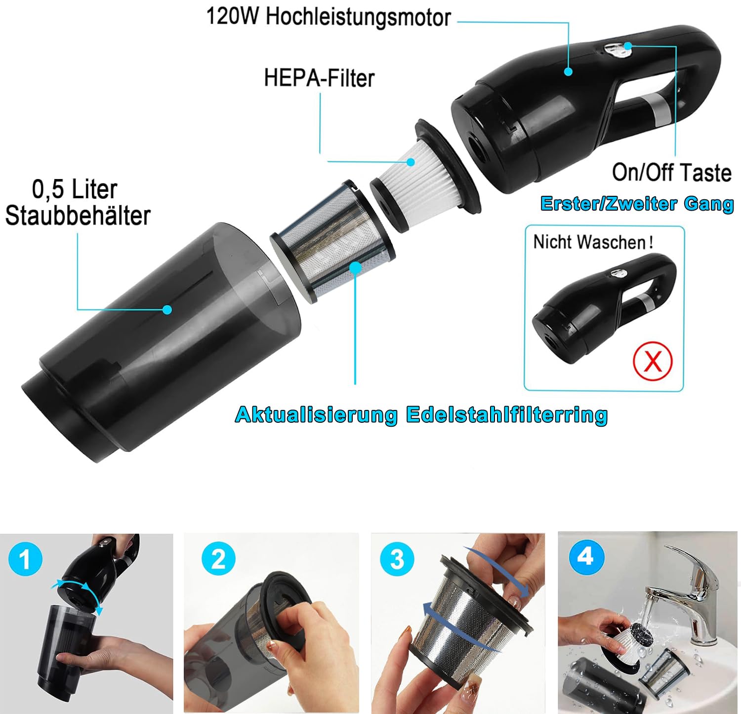 Aspiradora de mano, 18000/15000Pa de 2 niveles de potencia de succión de mano, sin bolsa, ganador de prueba en húmedo y seco, aspiradora de coche de 120 W, aspiradora de mano inalámbrica para
