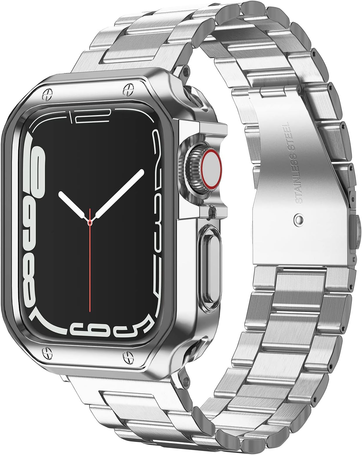 Compatible with Apple Watch Band and Case, Stainless Steel Metal Chain with Soft TPU Cover, Smart-Watch Link Bracelet Strap, Wrist-Band for i-Watch Series 9 8 7 6 5 4 3 2 1 SE, 45mm 44mm 42mm, Silver