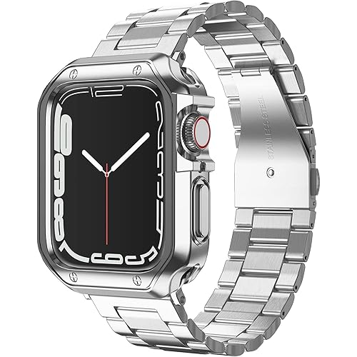 Compatible with Apple Watch Band and Case, Stainless Steel Metal Chain with TPU Cover, Smart-Watch Link Bracelet Strap, Wrist-Band for i-Watch Series 9 8 7 6 5 4 3 2 1 SE, 41mm 40mm 38mm, Silver