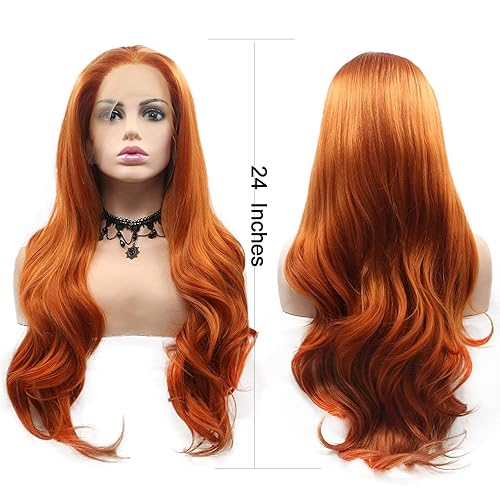 Miniatura 7 de Peluca naranja jengibre con encaje frontal naranja miel para mujer, realista, larga, ondulada, sin pegamento, suave, predepilada, rizada, sintética,