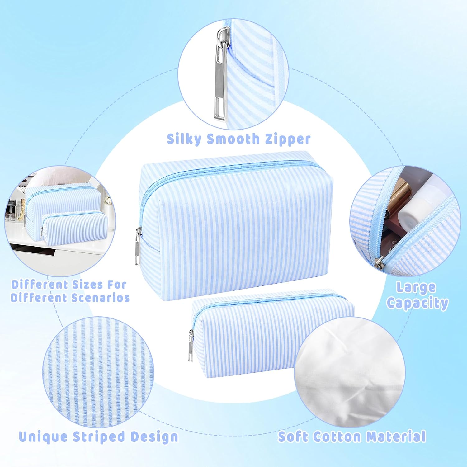 ZLFSRQ 2Pcs Striped Makeup Bag for Women, Cozy Travel Cosmetic Bag, Blue