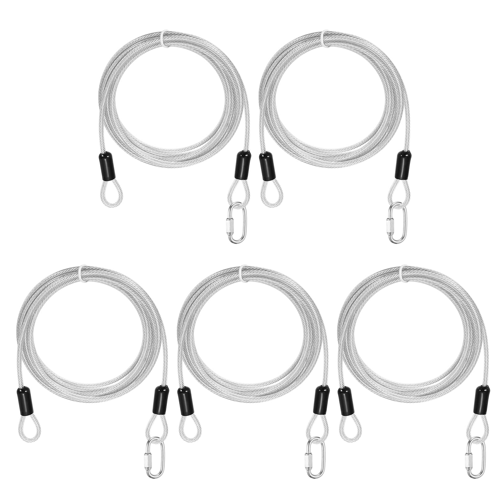 PATIKIL Security Cable Lock (4mm x 2.5m, 8.2ft, Clear)(5 Set) Vinyl Coated 304 Stainless Steel Double Loop Flexible Wire Rope Safety Cable with Quick Links Locking Connectors