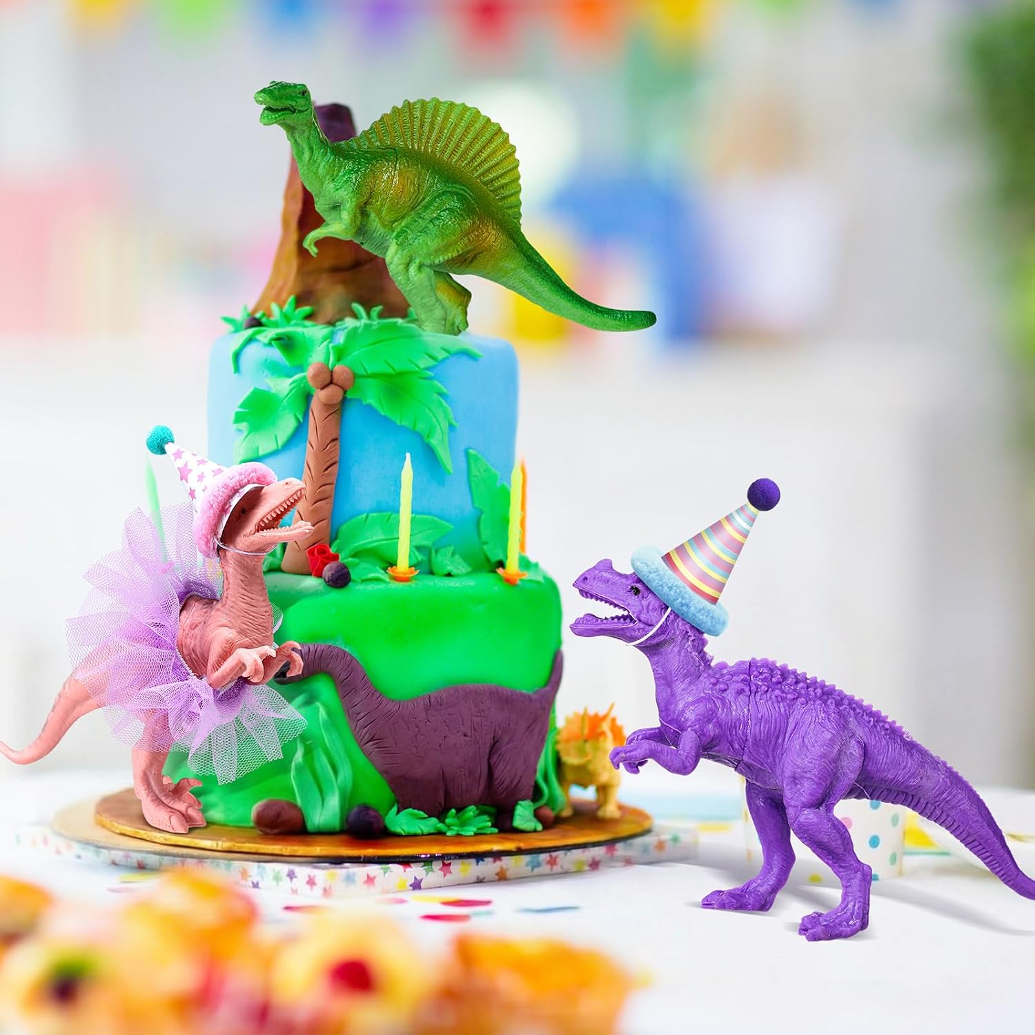 Weysat 27 Pcs Colorful Dinosaur Cake Topper Animals Figures Birthday Party Decorations with Mini Birthday Hat with Pom Poms Animals Cupcake Toppers Decoration with Mini Skirt for Themed Party