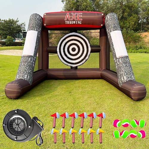 Juego de lanzamiento de hacha inflable + juego de mesa inflable de lanzamiento de bolas con 1 soplador de aire y 12 hachas y 10 bolas para eventos