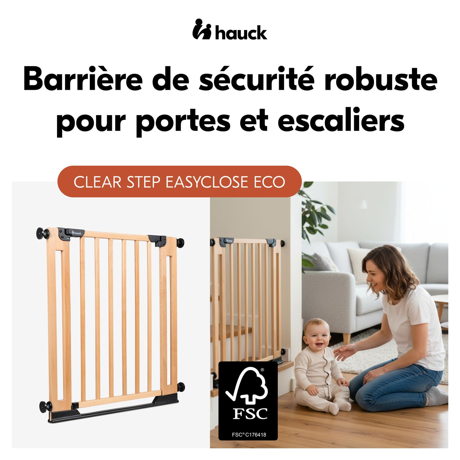 hauck Barrière de Sécurité Enfant en Bois, Fermeture Automatique, Black | Largeur réglable de 75 à 80 cm par vis de réglage, seuil plat, ouverture à une main I Barrière enfant à fixer par perçage