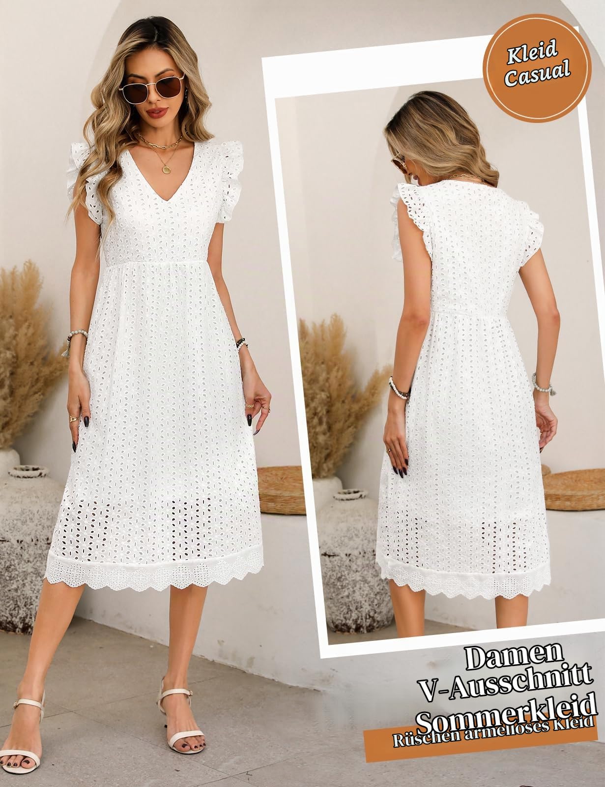 UMIPUBO Sommerkleid Damen V-Ausschnitt Ärmellos Midi Kleider mit Taschen Baumwolle Knielang Freizeitkleid Elegant Boho Strandkleid Frauen Casual