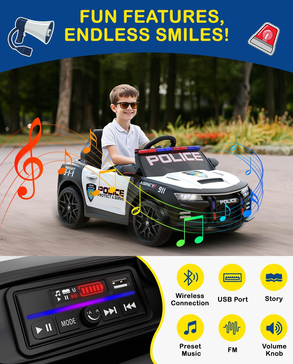 LIGIANT P7 Ride On Police Car, 4WD Kids Electric Car, 12V Kids Ride on Car w/Remote Control, Sirens, Speakers and Flashing Police Lights, Wireless Connection, Music, AUX, Ideal Birthday & Xmas Gifts
