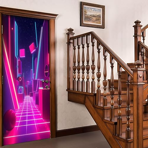 Miniatura 5 de Calcomanías para puerta, 3D y 80, neón, retro, Synthwave 3D, laberinto, cubos brillantes, líneas geométricas, murales, papel tapiz autoadhesivo para