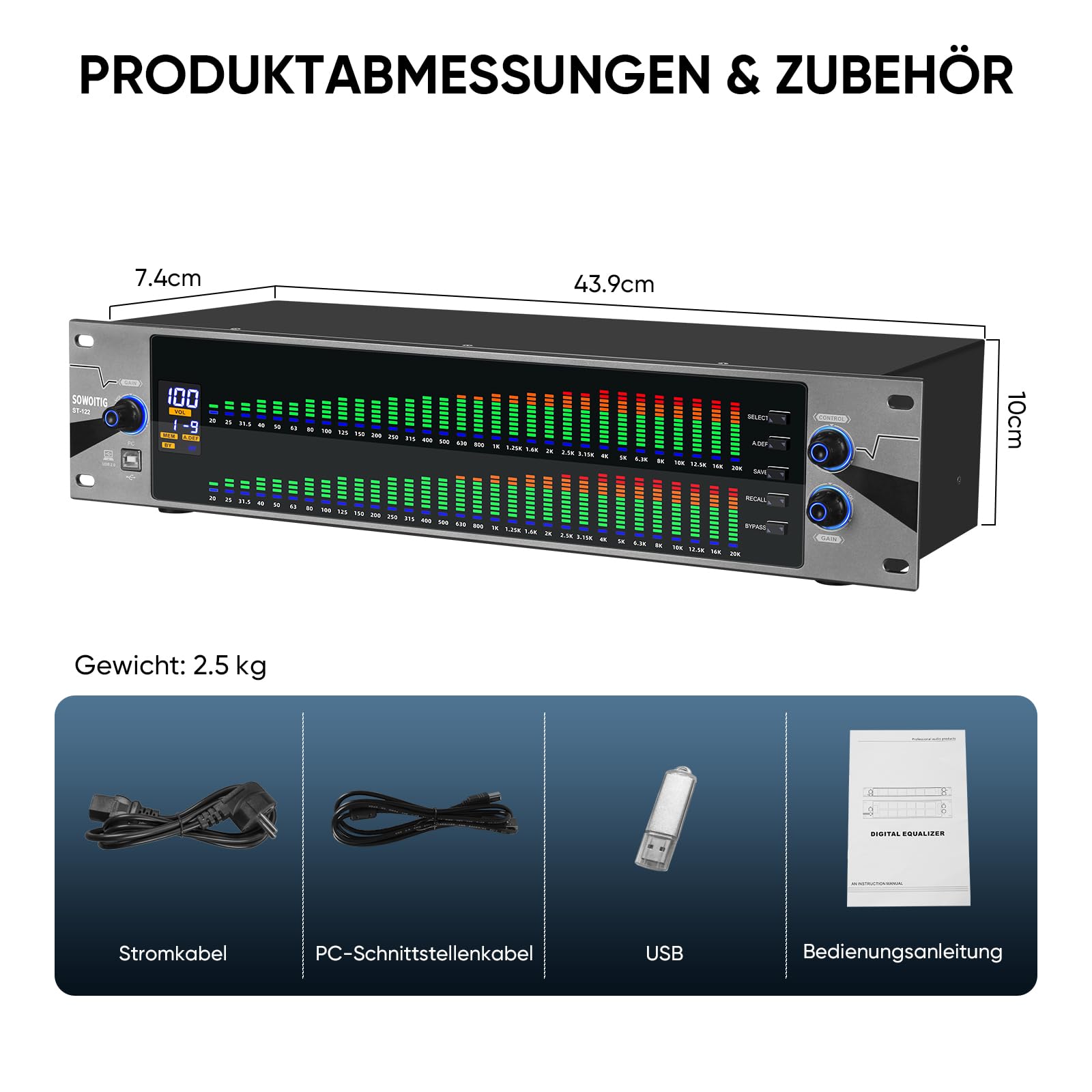 Ecualizador 2U para sistemas de audio estéreo domésticos, ecualizador gráfico profesional de 31 bandas en diseño de montaje en rack, ecualizador de estudio digital con pantalla de analizador