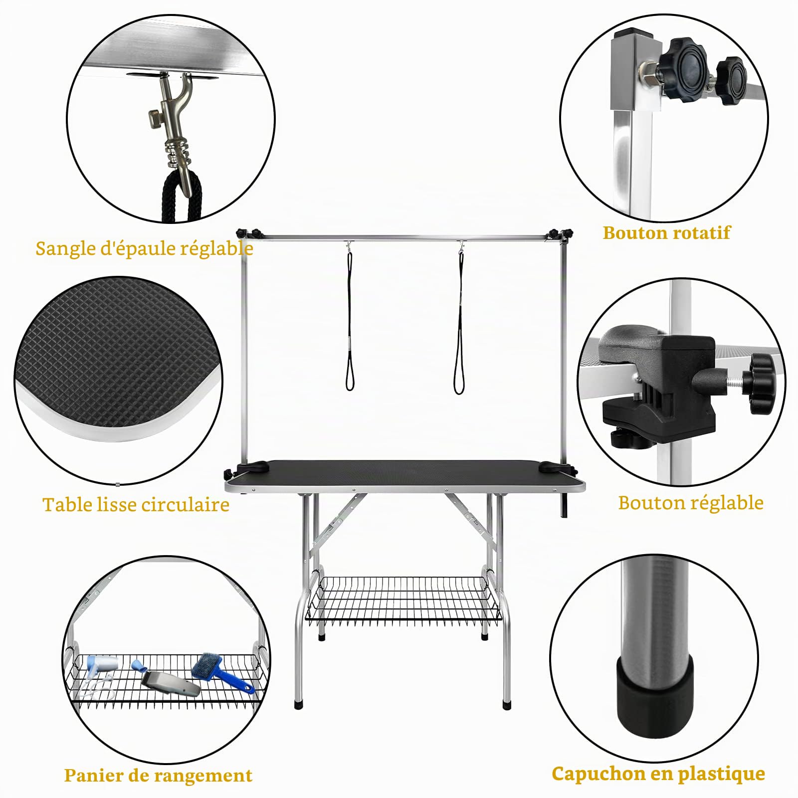 Aufun Table de toilettage pour Chiens,113x60x76 cm Table de toilettage Stable avec Potence réglable en Hauteur et 2 Boucles, Pliable,Table de Bain pour Chiens,toilettage des caniches,jusqu'à 100 kg
