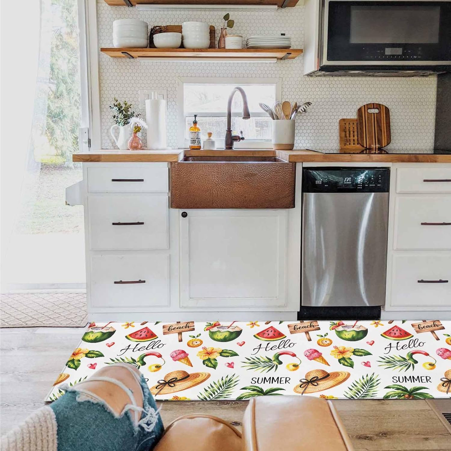 2 Pieces Kitchen Rugs and Mats,Summer Coconut Tree Straw Hat Area Runner Rug Set Non Slip Floor Doormat Washable Carpet Standing Mat for Kitchen Sink Indoor Corridor,Watercolor Coastal Beach Theme