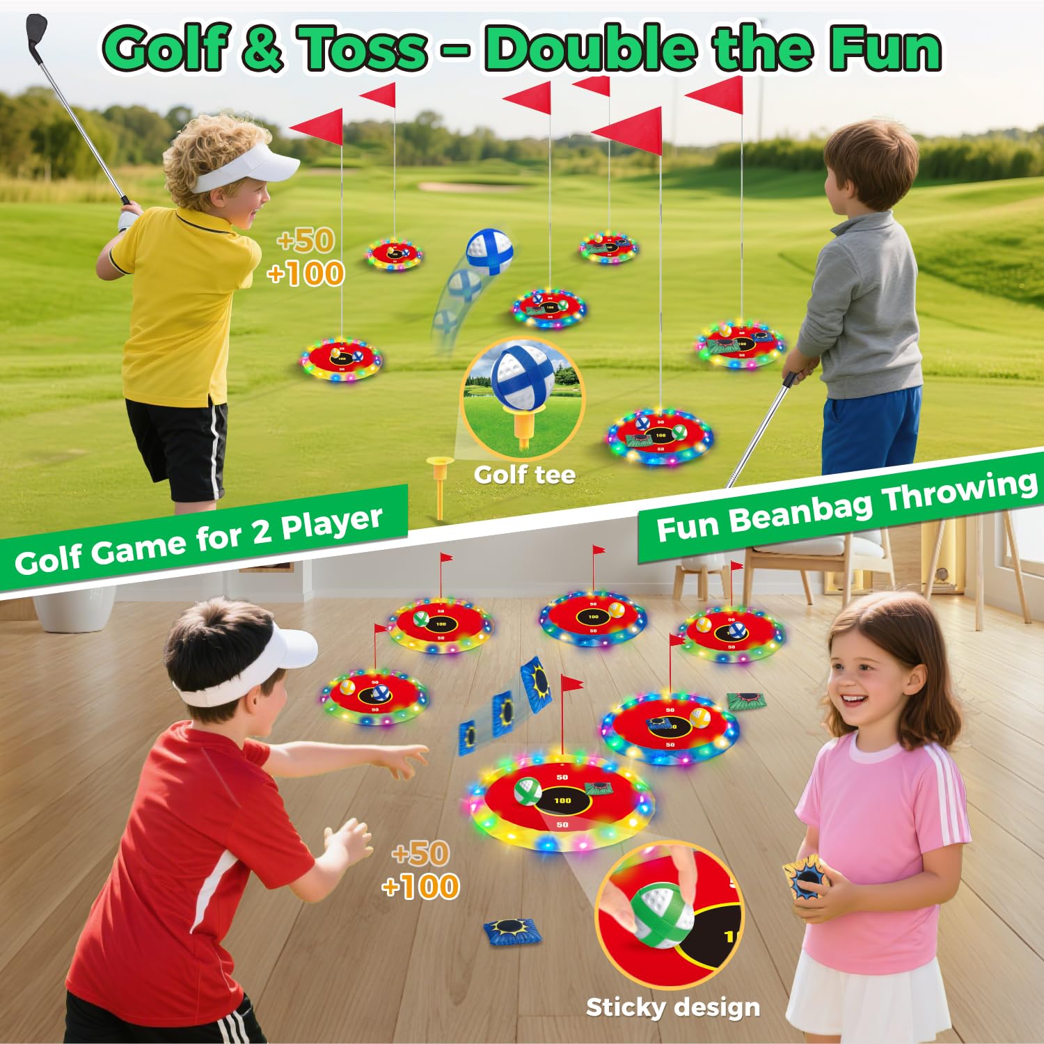 VATOS 2-in-1 Light up Golf Toy Set- Golf Chipping Game & Bean Bag Toss with 6 LED Targets, 2 Clubs, 18 Balls, Night Golfs Play for Indoor Outdoor Party Yard Golfer Gifts Sports Toys for Kids 5-12