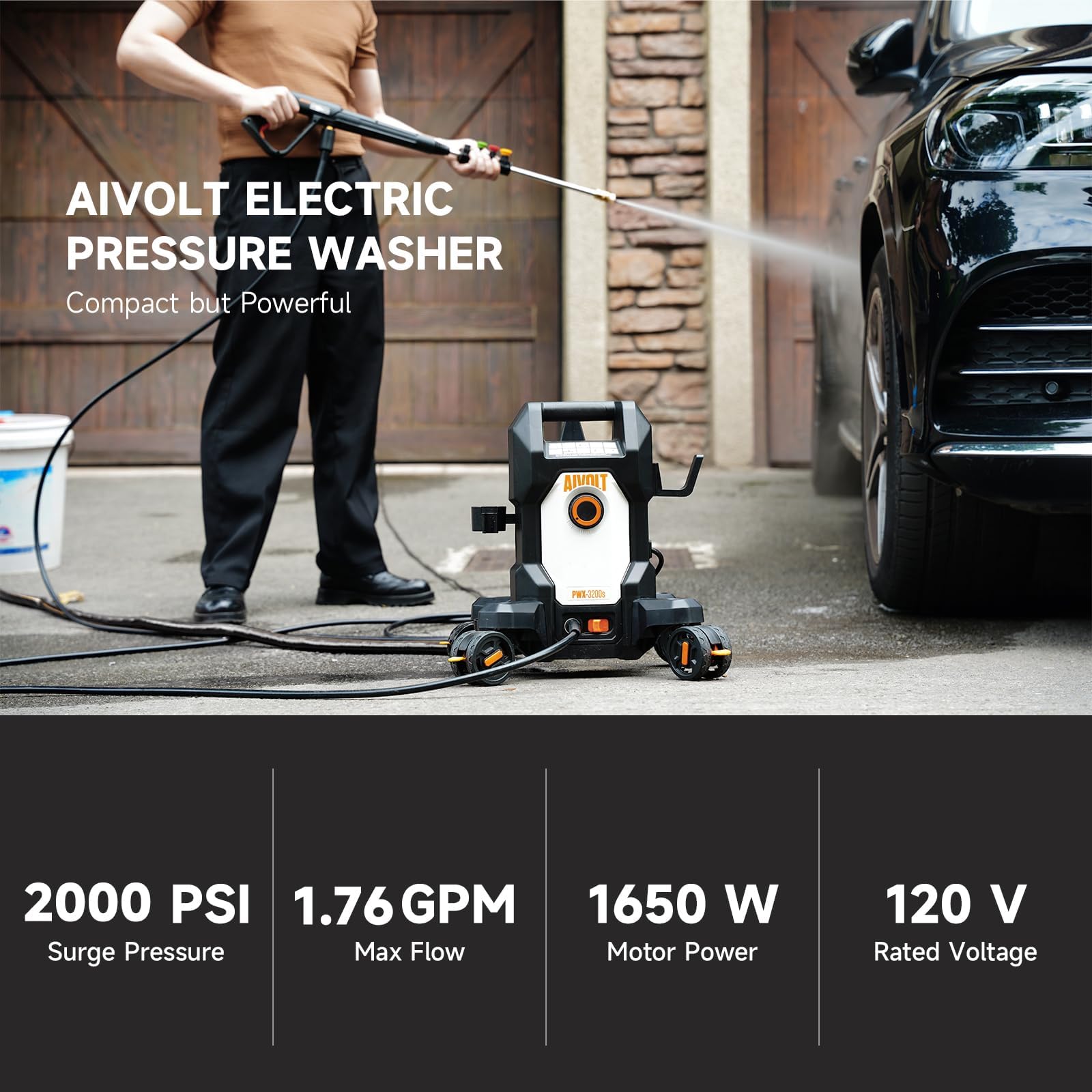 AIVOLT Electric Pressure Washer, Anti-Tipping Power Washer Surge Pressure 4800PSI with 36FT Cable & 25FT Hose, 4 Nozzles, Soap Tank, High Pressure Cleaner Machine for Car Washing, House, Garden