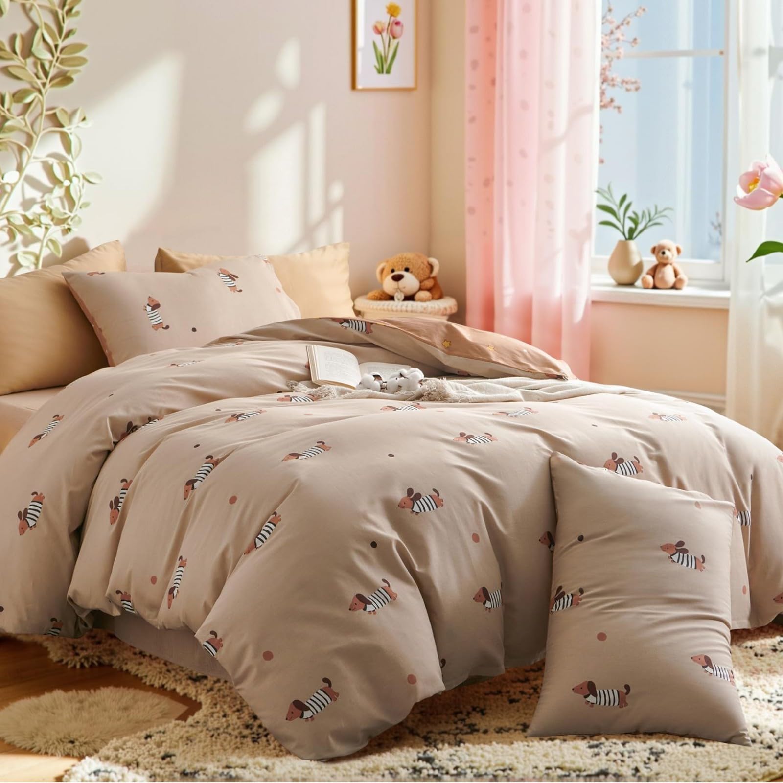 Tospass Set di biancheria da letto in cotone, 135 x 200 cm, colore kaki, bassotto colorato, per ragazze, con motivo a cane, copripiumino con chiusura lampo e federa 80 x 80 cm