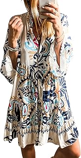 Womens Long Sleeve Dresses Casual V Neck Tribal Print Button Flowy Boho Mini Beach Dress - Buy now