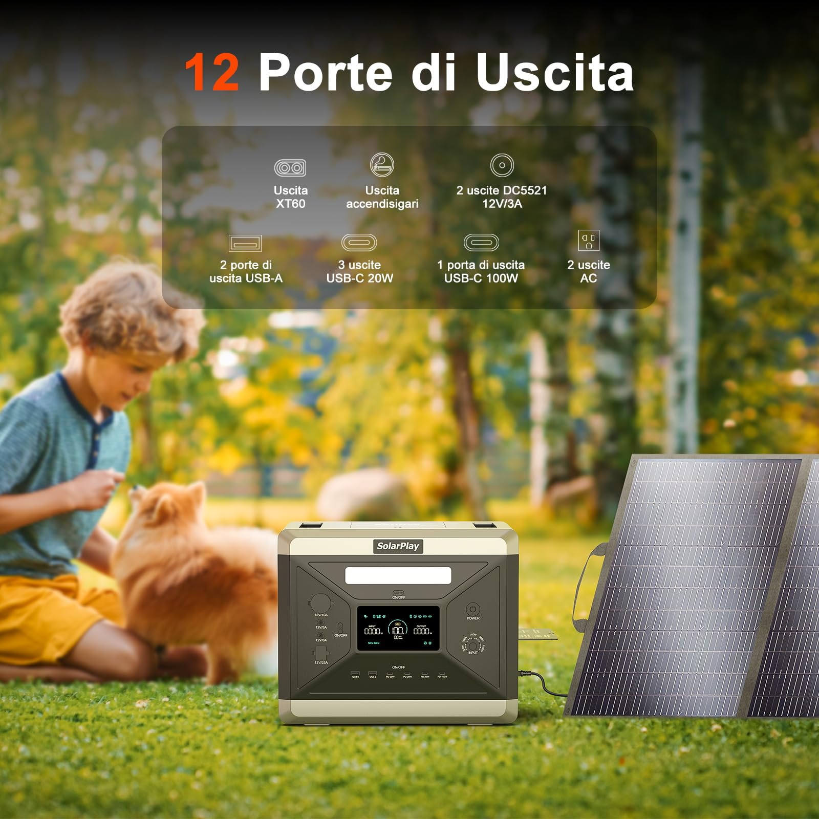 SolarPlay Q2501 Centrale Elettrica Portatile, Uscita CA 2400 W (Picco 4800 W), Batteria di Backup LiFePO4 da 2160 Wh, Presa CA, CC, ad Energia Solare, Adatta per Camper e Viaggi All'aperto