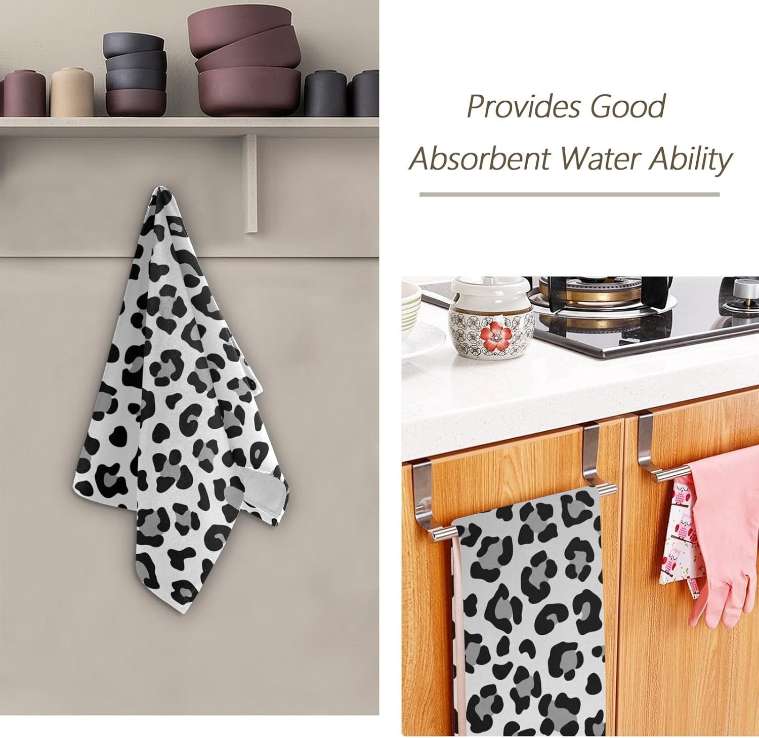 Black Grey Leopard Print Hand Towels for Bathroom Set of 2 Microfiber Snow Cheetah Animal Skin Pattern Farm Kitchen Dish Towels Decorative Bathroom Towel for Face Bath Shower Spa 14"x28" - Image 7