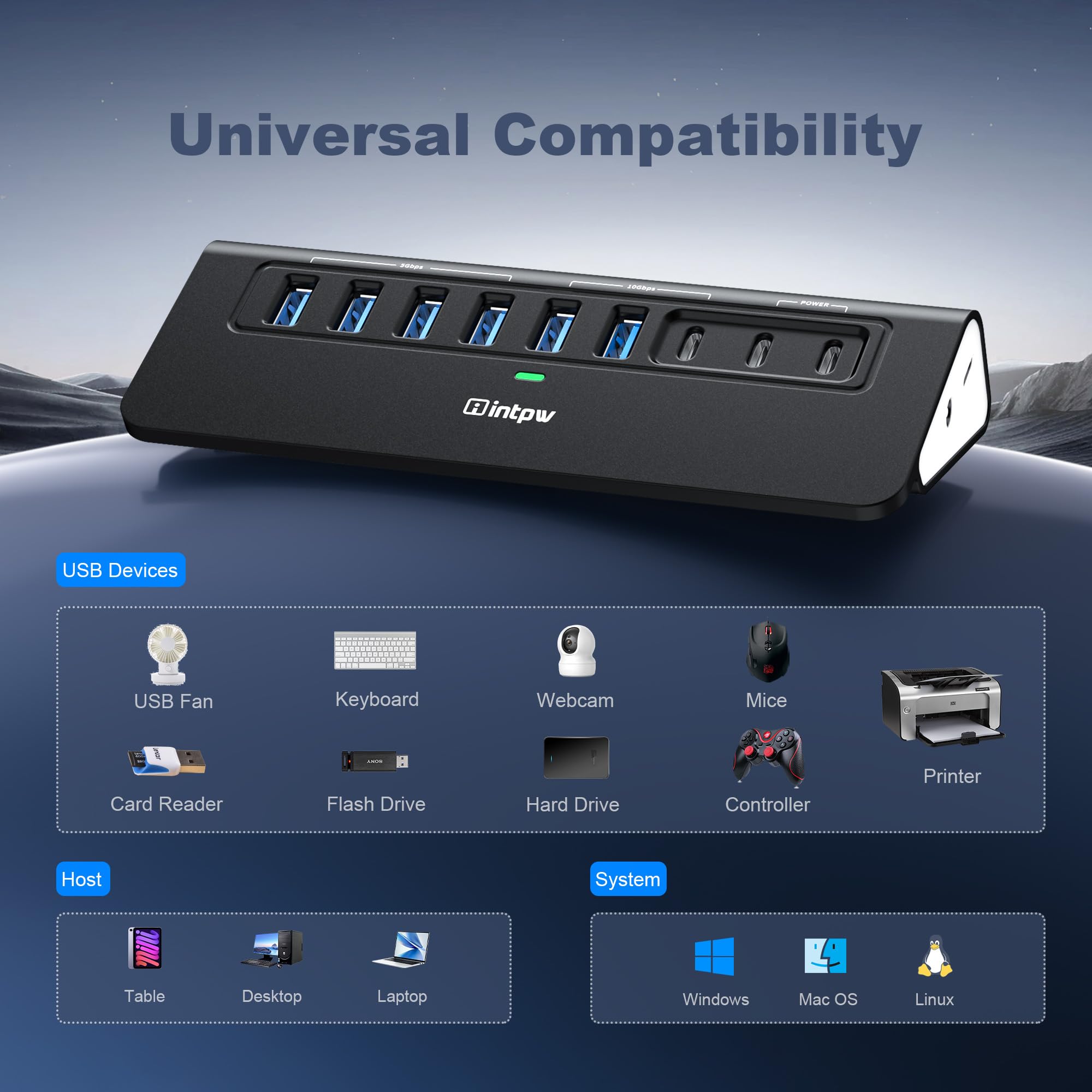 intpw Hub USB alimentato da 10 Gbps, hub USB 3.2 a 9 porte, hub USB C con 3 USB 3.2, 4 USB 3.0, 2 porte di ricarica PD da 45 W, cavo da 3,3 m e adattatore di alimentazione da 65 W, hub USB in