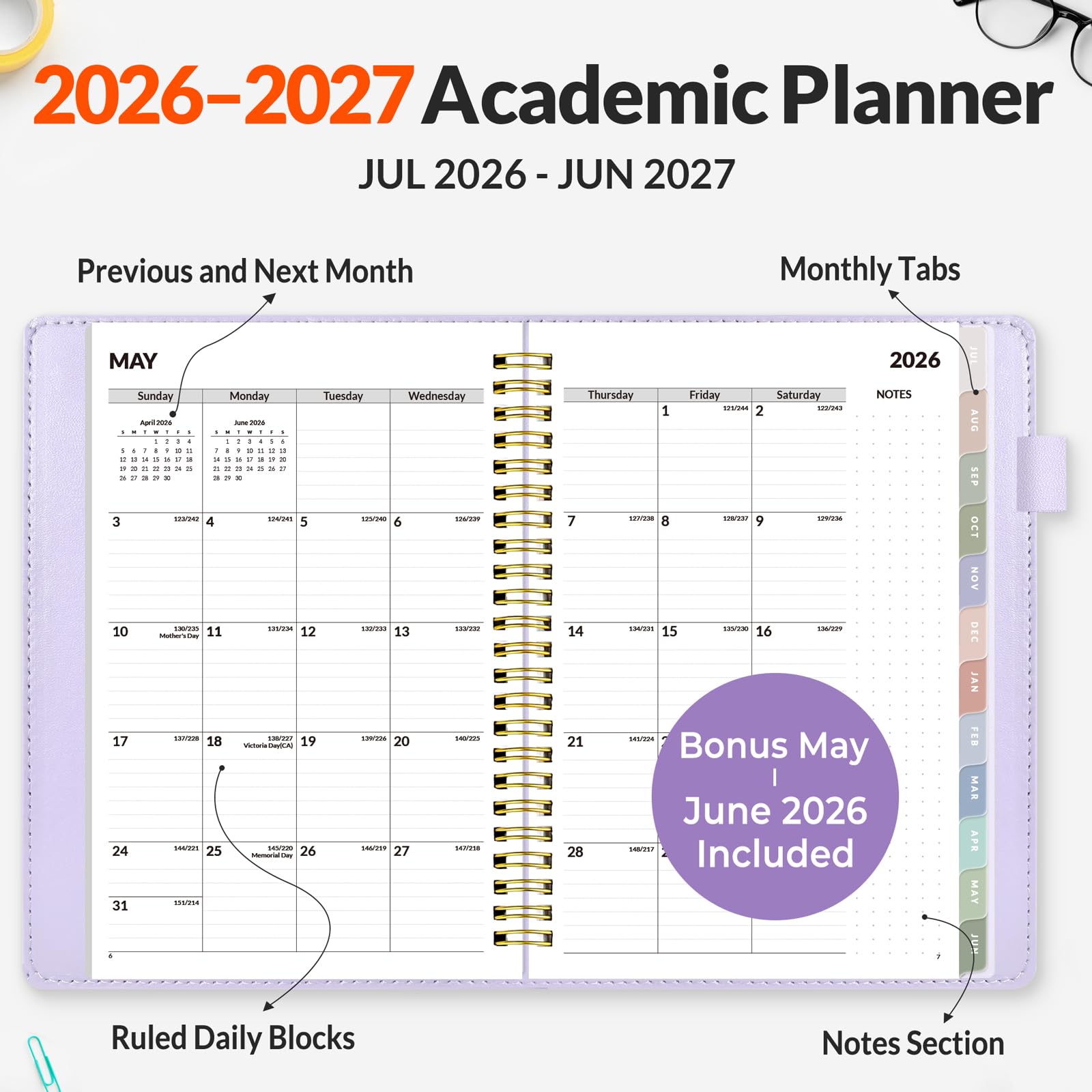 SUNEE Agenda settimanale e mensile 2024-2025, con copertina rigida, 16,3 x 21,6 cm, 12 mesi (luglio 2024 - giugno 2025), copertina in pelle vegana, calendario accademico, tasca, appunti, scheda