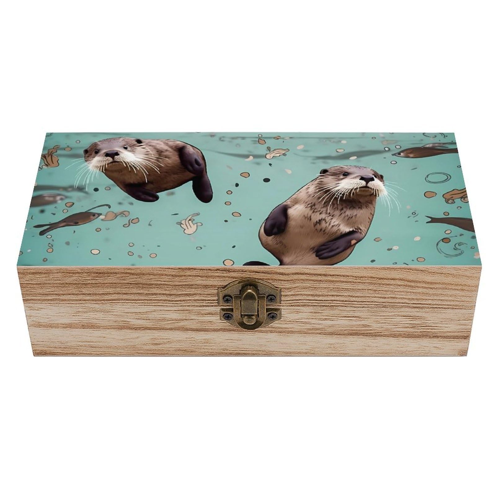KLOPH Wooden Storage Box Otters Wood Gift Box with Hinged Lid Vintage Decorative Jewelry Boxes Memory Box for Jewelry Art Hobbies Home Storage Treasure Keepsake Gift 7.9''x3.9''x2.3''