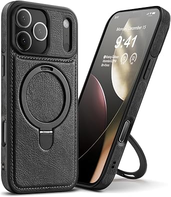 Magnetic Leather Case for iPhone 17 Pro Max with Built-in Invisible Magnetic Stand [Compatible with Wireless Charging] Luxury Slim Kickstand Protective Cover for iPhone 17 Pro Max Black