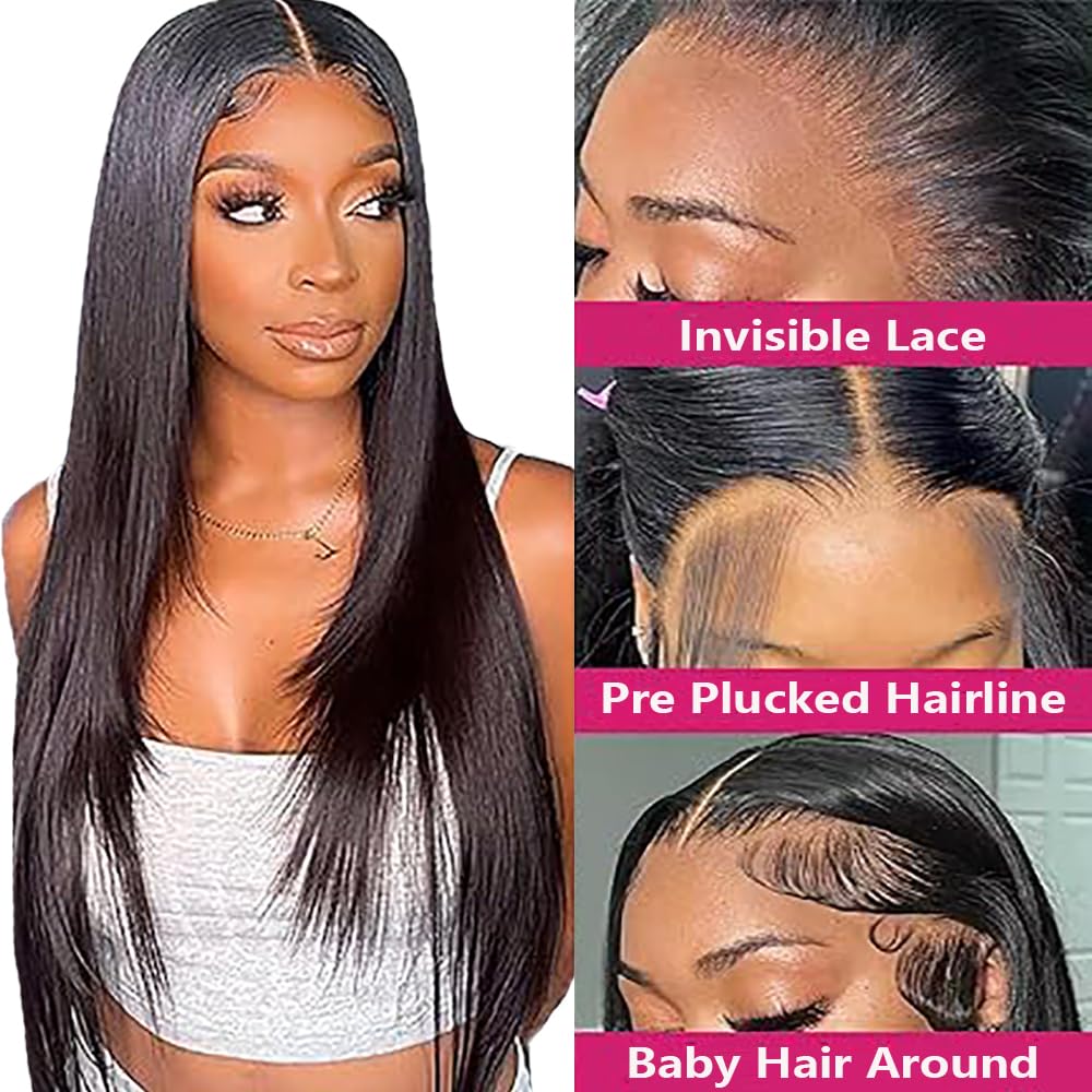 Parrucca Donna Capelli Veri Umani 13x1 Lace Front Wig Straight Human Hair Wig Natural Black Wig Pre Plucked with Baby Hair 180% Density Hair 32 Pollice