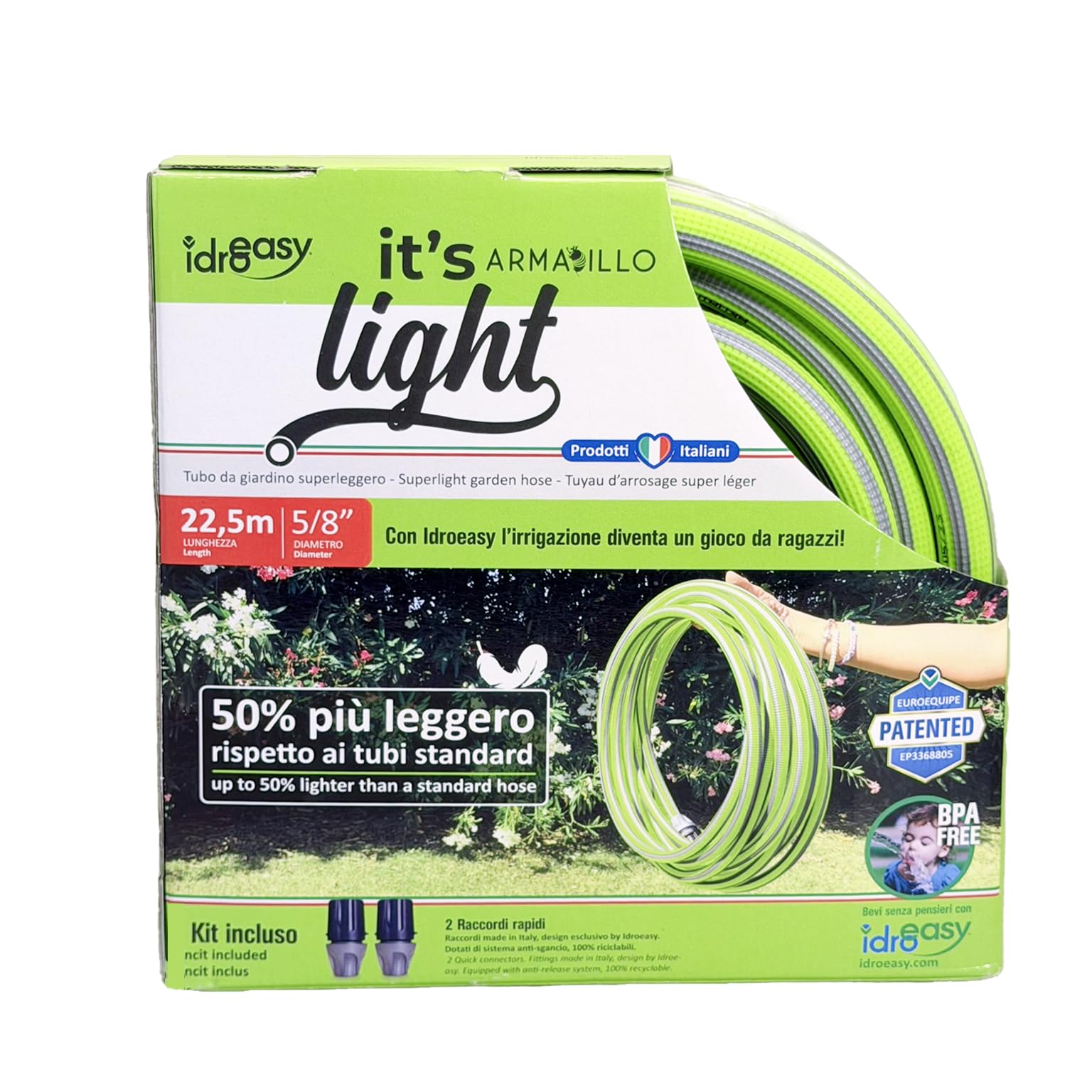 Idroeasy, Armadillo Tubo Acqua Giardino 30 Metri Superleggero e Anti-Nodo 5/8", Canna Acqua Atossica con 2 Raccordi Rapidi, Tubo Irrigazione Flessibile e Resistente UV, Made in Italy