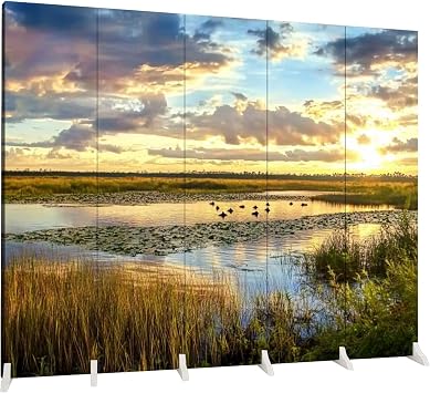 5 Panels Room Divider Screen Birds Sunset Swamp Wood Folding Privacy Screen Partition Canvas Wall Divider Freestanding Portable Indoor Separator
