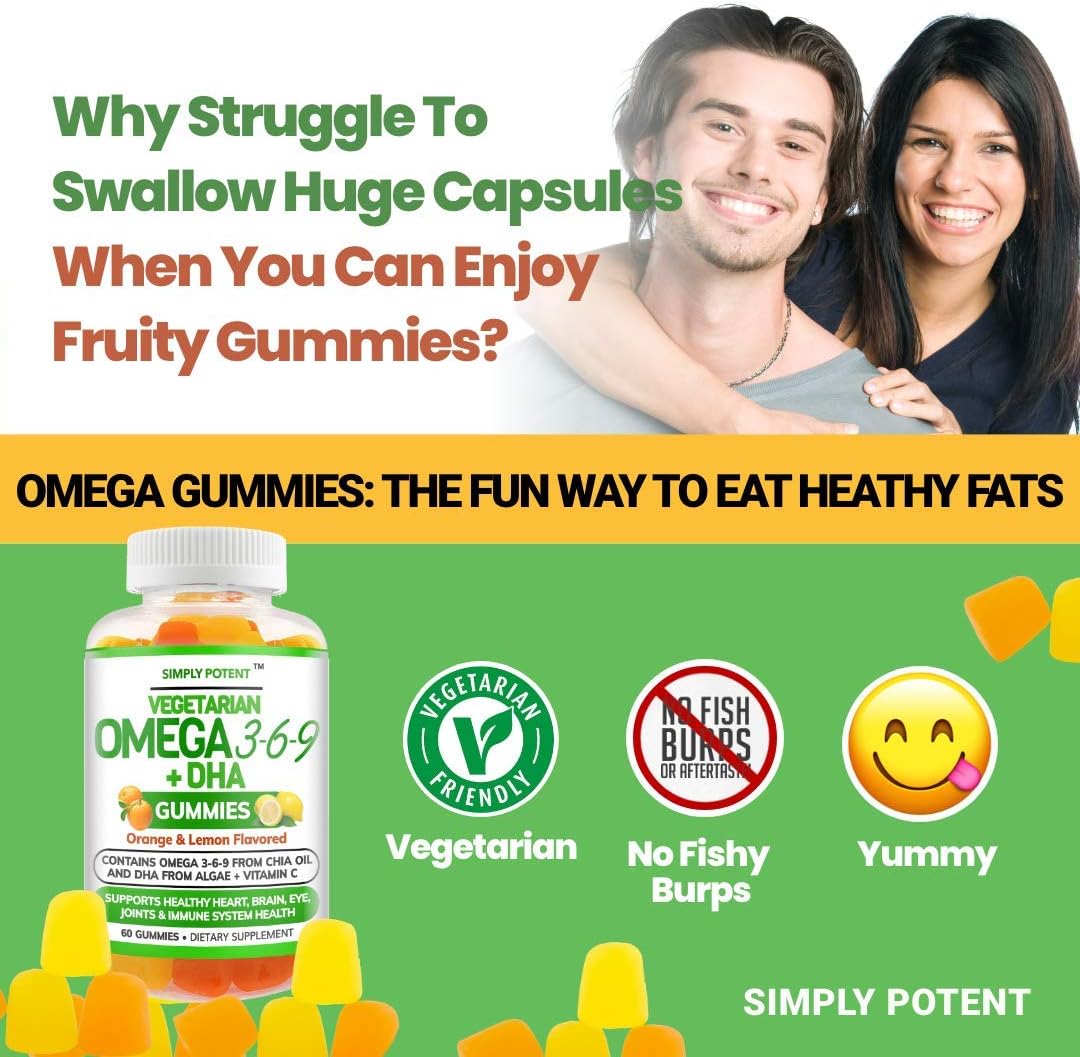 Omega 3 Gummies, Fish Oil Free Vegan Omega 3 6 9 + DHA, Chia Seed & Algae Based Omega 3 Supplement for Men Women & Kids for Brain Heart Joint Eye & Immune Health, 60 Orange & Lemon Flavor Gummies : Health & Household