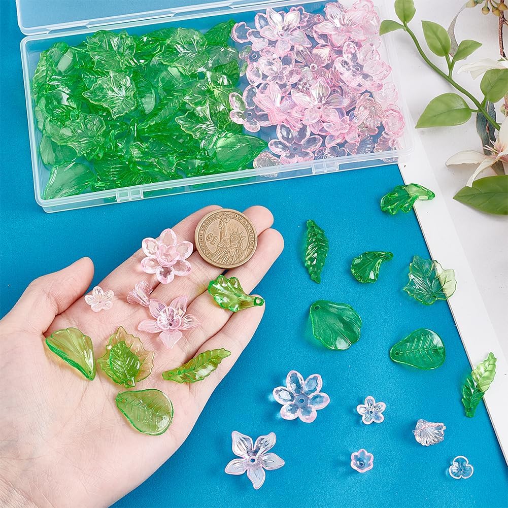 PH PandaHall 120pcs Green Leaf Beads Pink Flower Beads 12 Styles Transparent Acrylic Bead Crystal Loose Spacer Bead for Phone Charms Keychains Earrings Jewelry Bracelet Beading Crafting - Image 3