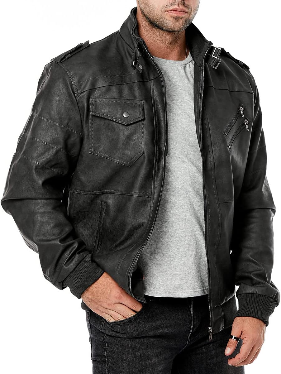 CARWORNIC Men's Faux Leather Jacket Casual Brown Motorcycle Jacket with Removable Hood - Image 6