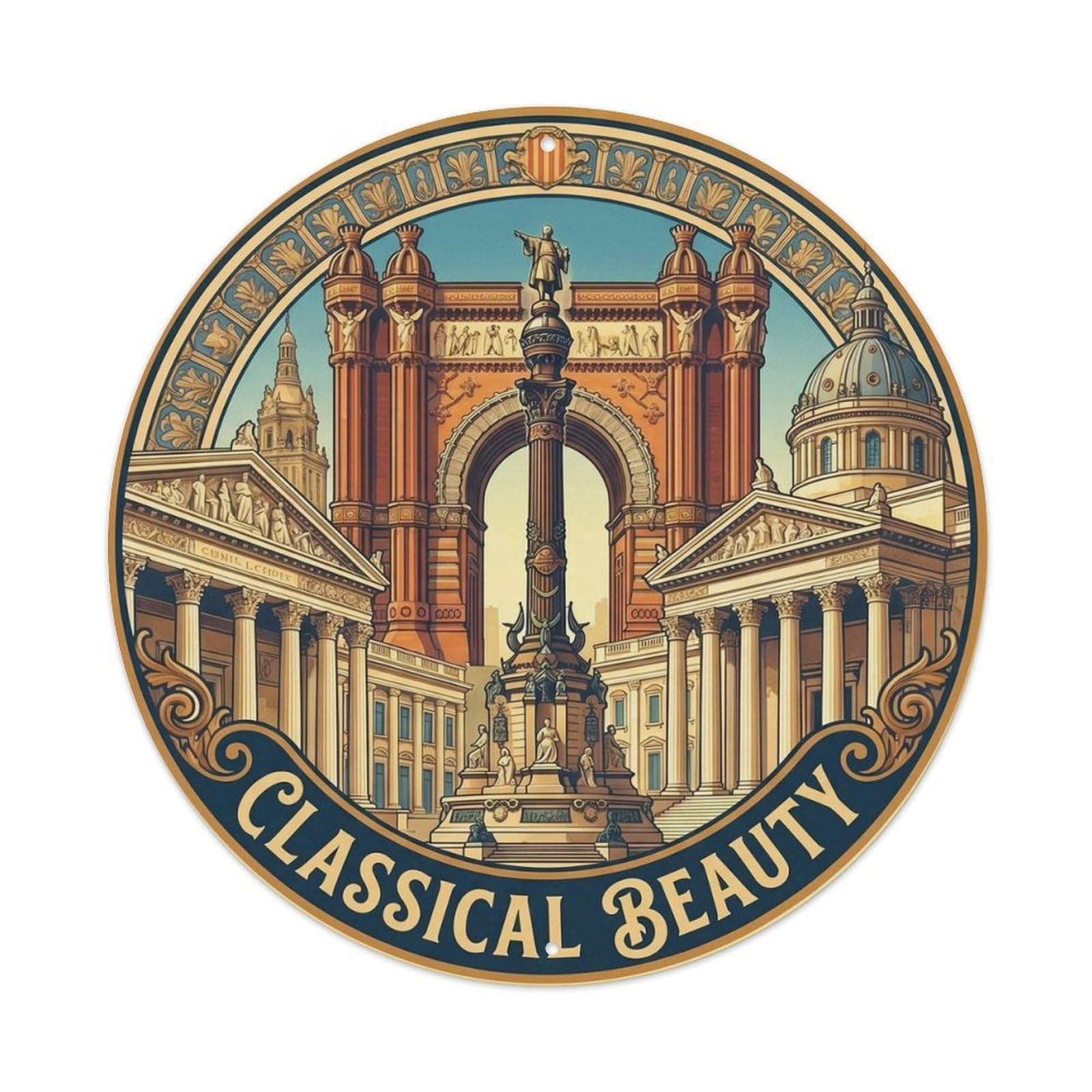 Mediterranean Barcelona Columns Monument Travel Cityscape Metal Tin Sign Plaque Wall Decor for Cafe, Man Cave, Club Bar, Office, Home Garden Round Metal Poster 8x8Inch